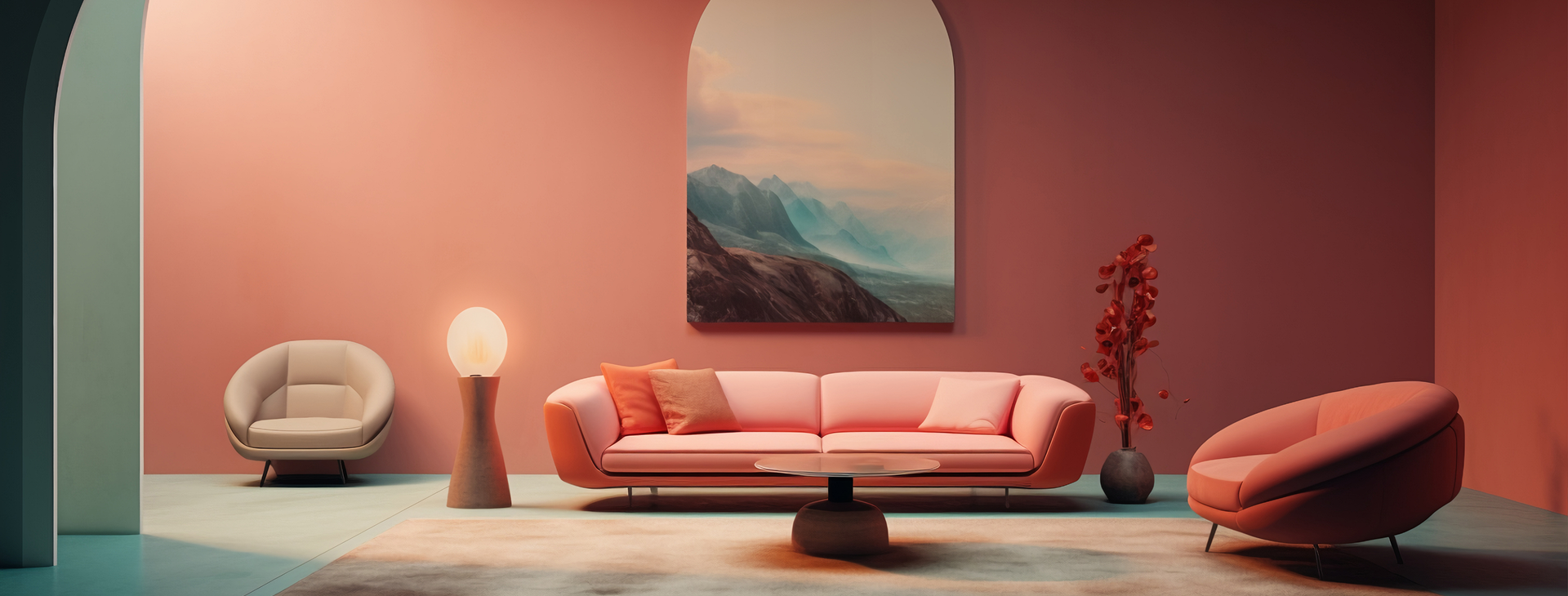 Modern living room with white sectional sofa, round wooden coffee table on a large light beige rug, dark wall background and large window with green plants outside